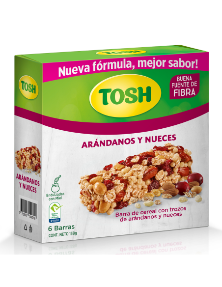 BARRA CEREAL TOSH ARANDANOS Y NUECES 6 U